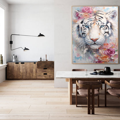 Majestic White Tiger Oil Painting with Floral Accents for Home Decor