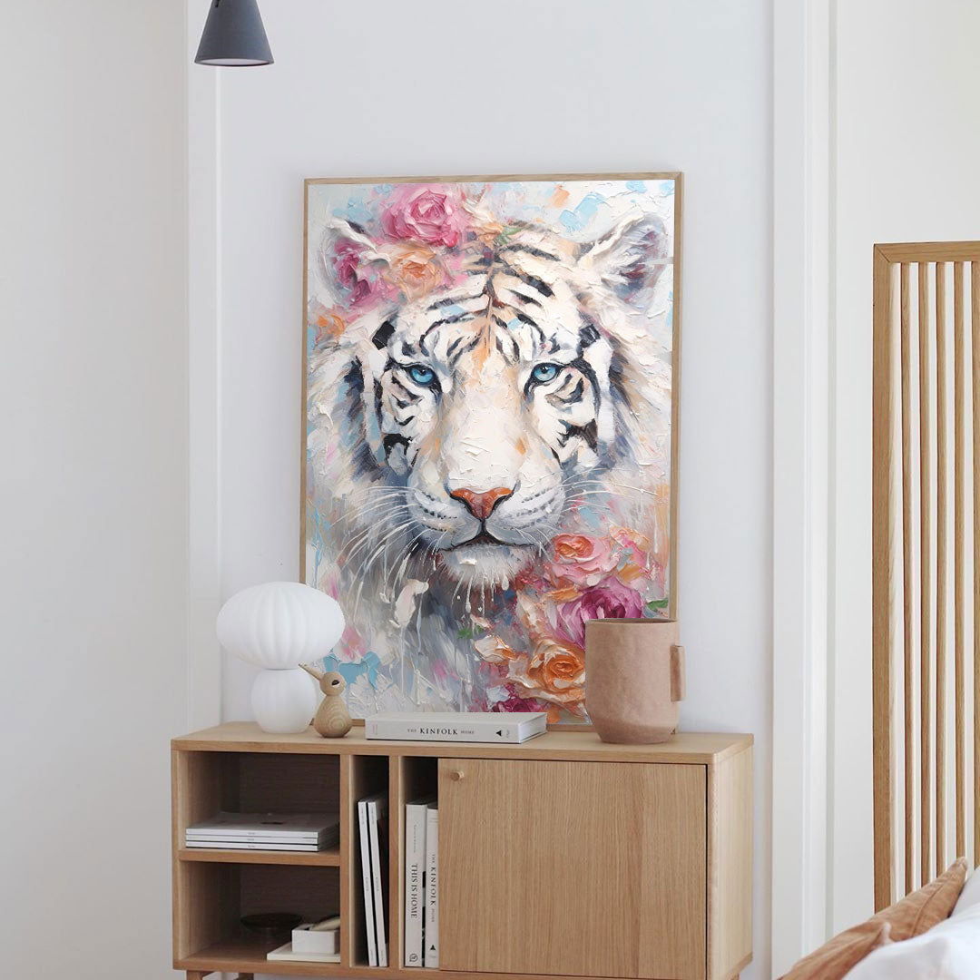 Majestic White Tiger Oil Painting with Floral Accents for Home Decor