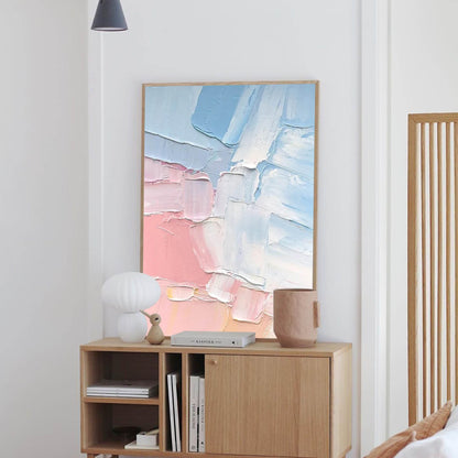 Serene Abstract Oil Painting in Soft Blue and Pink Hues for Modern Decor