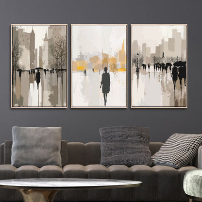 Abstract Oil Painting of Figures Walking in Rainy Urban Landscape