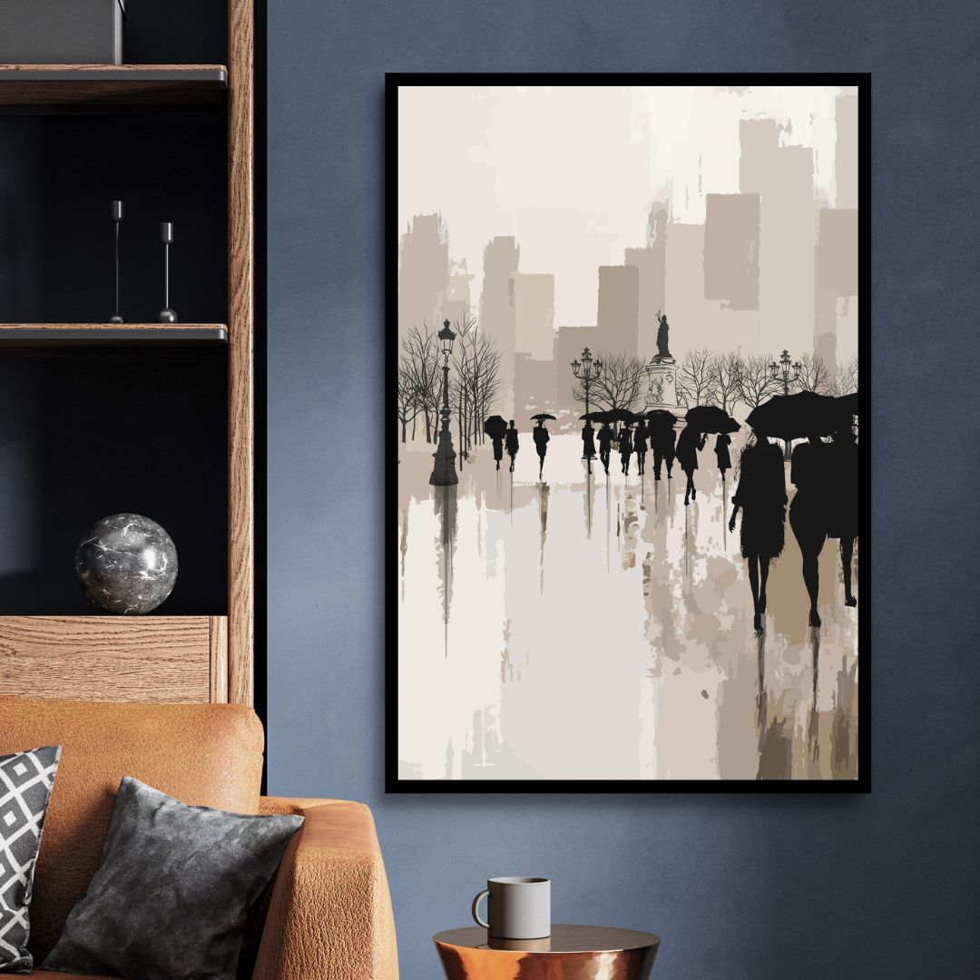 Abstract Oil Painting of Figures Walking in Rainy Urban Landscape