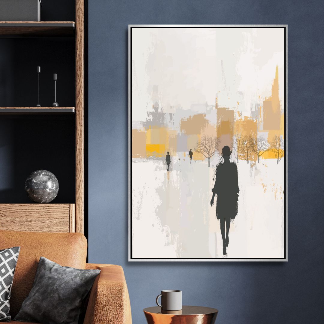Abstract Oil Painting of Figures Walking in Rainy Urban Landscape