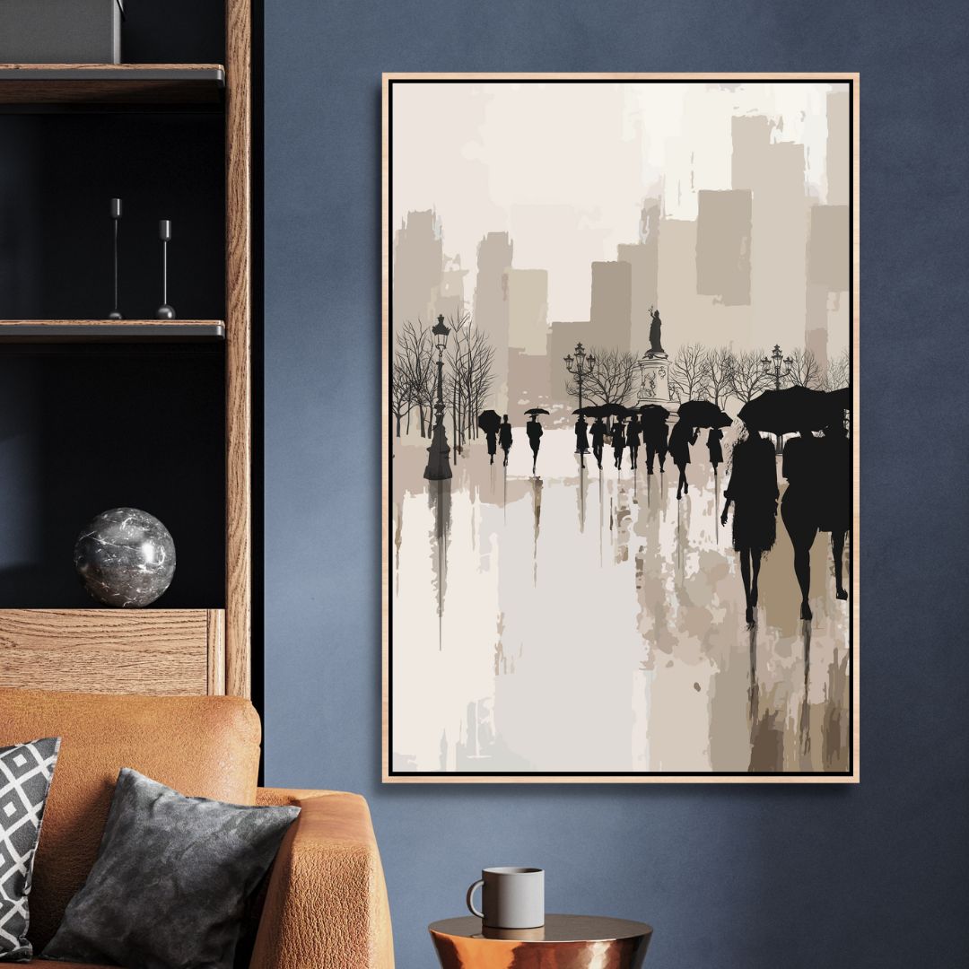 Abstract Oil Painting of Figures Walking in Rainy Urban Landscape