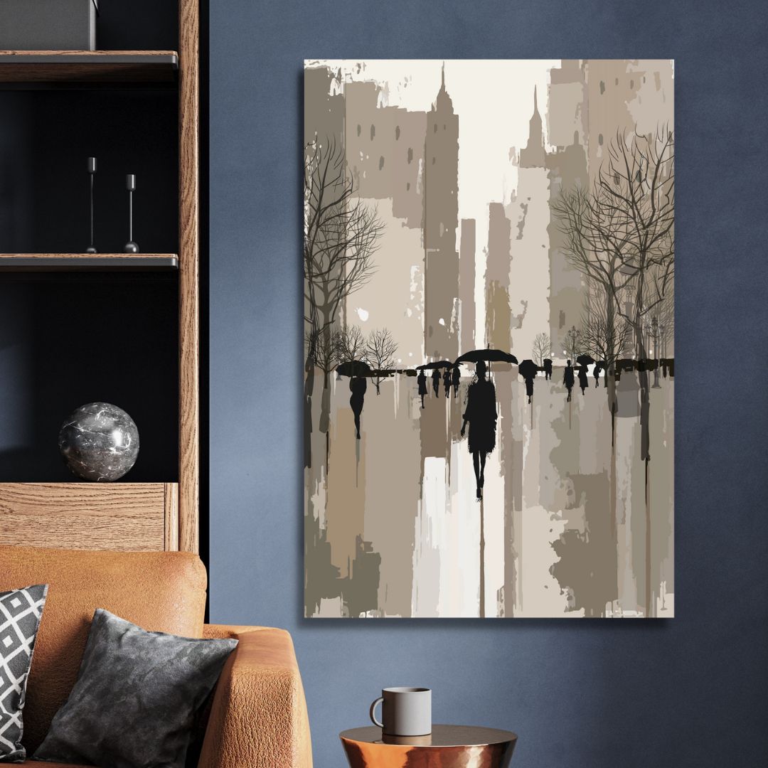 Abstract Oil Painting of Figures Walking in Rainy Urban Landscape