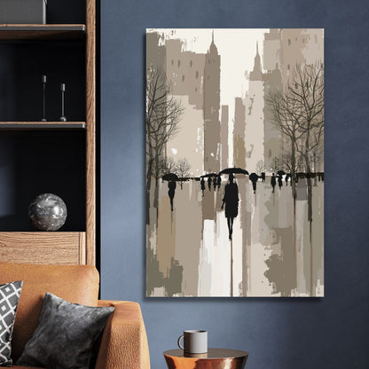 Abstract Oil Painting of Figures Walking in Rainy Urban Landscape