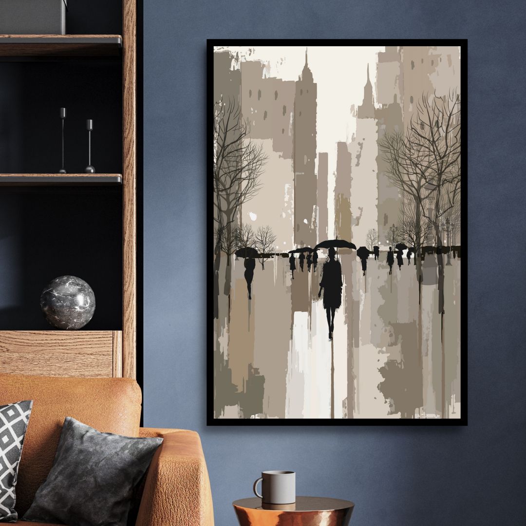 Abstract Oil Painting of Figures Walking in Rainy Urban Landscape