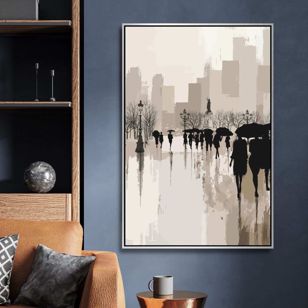 Abstract Oil Painting of Figures Walking in Rainy Urban Landscape