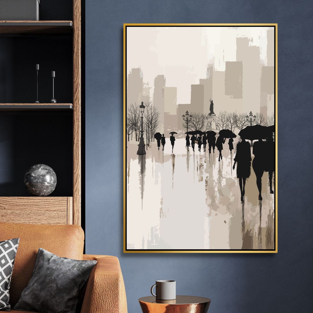 Abstract Oil Painting of Figures Walking in Rainy Urban Landscape
