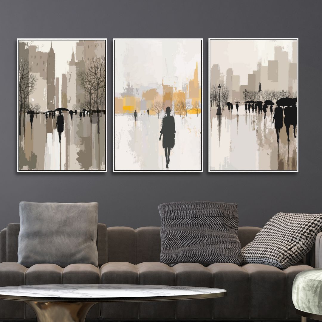 Abstract Oil Painting of Figures Walking in Rainy Urban Landscape
