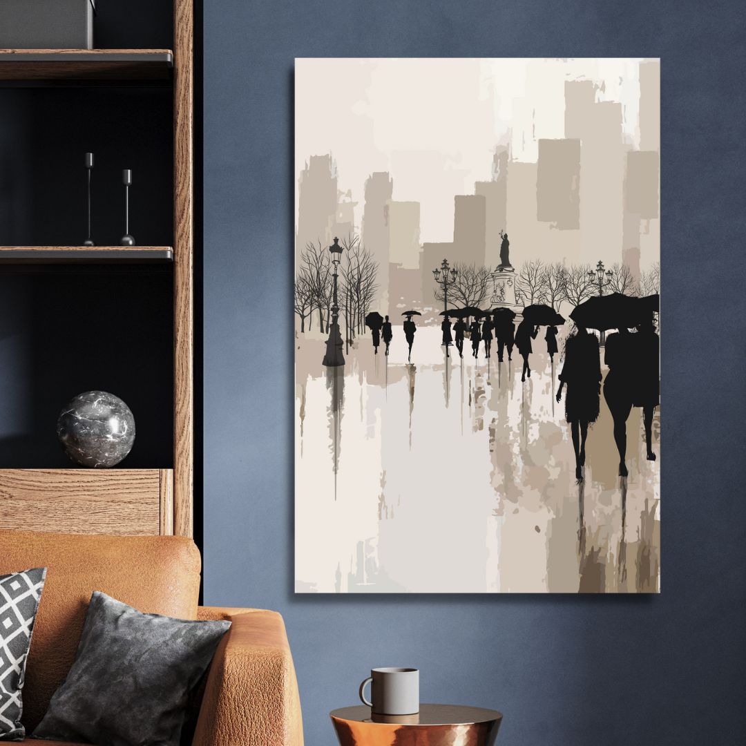 Abstract Oil Painting of Figures Walking in Rainy Urban Landscape