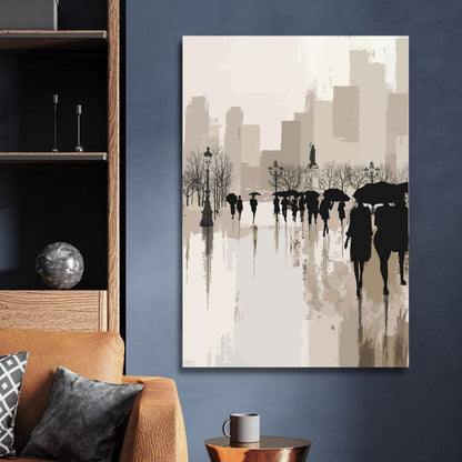 Abstract Oil Painting of Figures Walking in Rainy Urban Landscape
