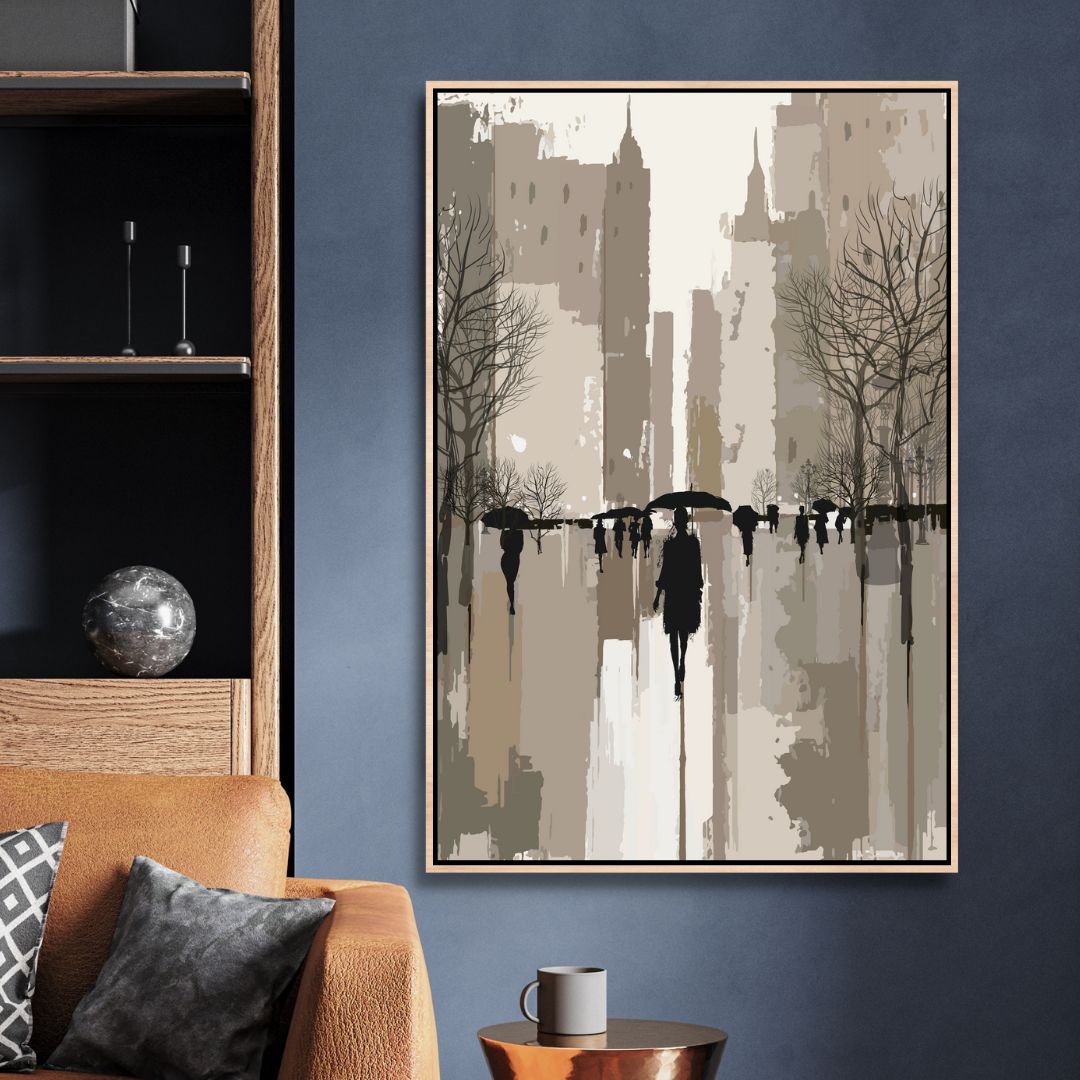 Abstract Oil Painting of Figures Walking in Rainy Urban Landscape
