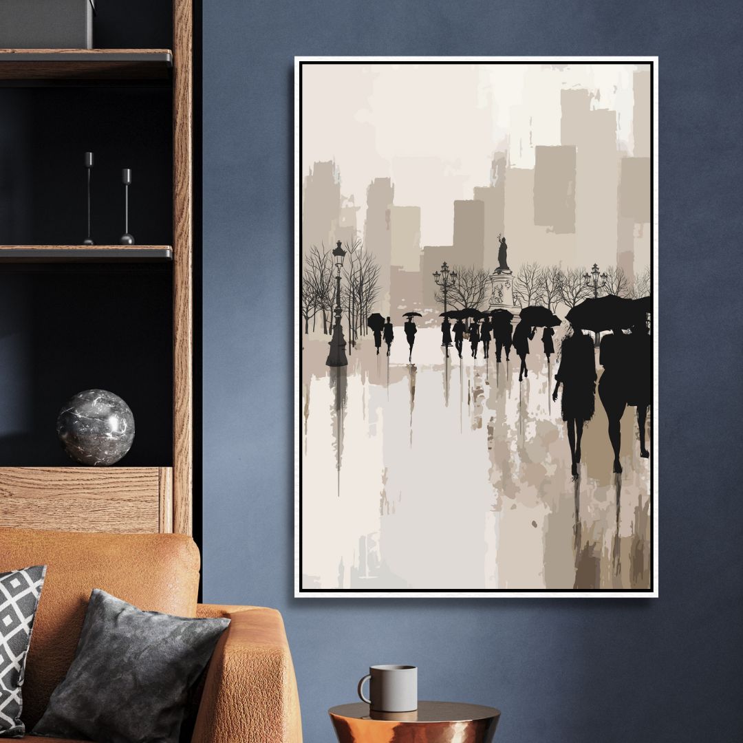 Abstract Oil Painting of Figures Walking in Rainy Urban Landscape
