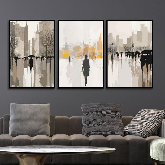 Abstract Oil Painting of Figures Walking in Rainy Urban Landscape