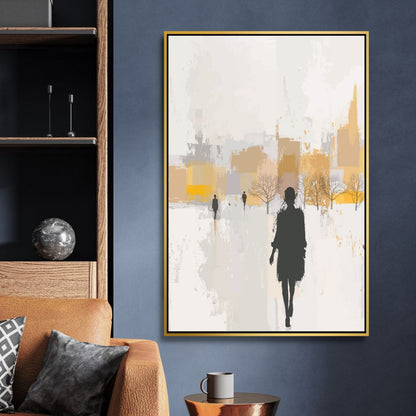 Abstract Oil Painting of Figures Walking in Rainy Urban Landscape