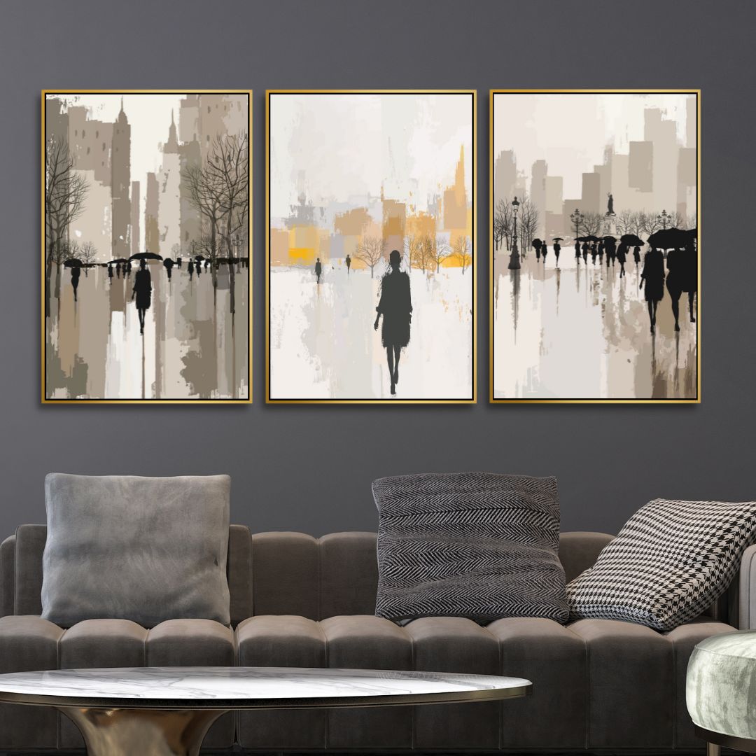 Abstract Oil Painting of Figures Walking in Rainy Urban Landscape