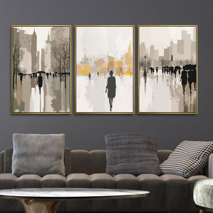 Abstract Oil Painting of Figures Walking in Rainy Urban Landscape