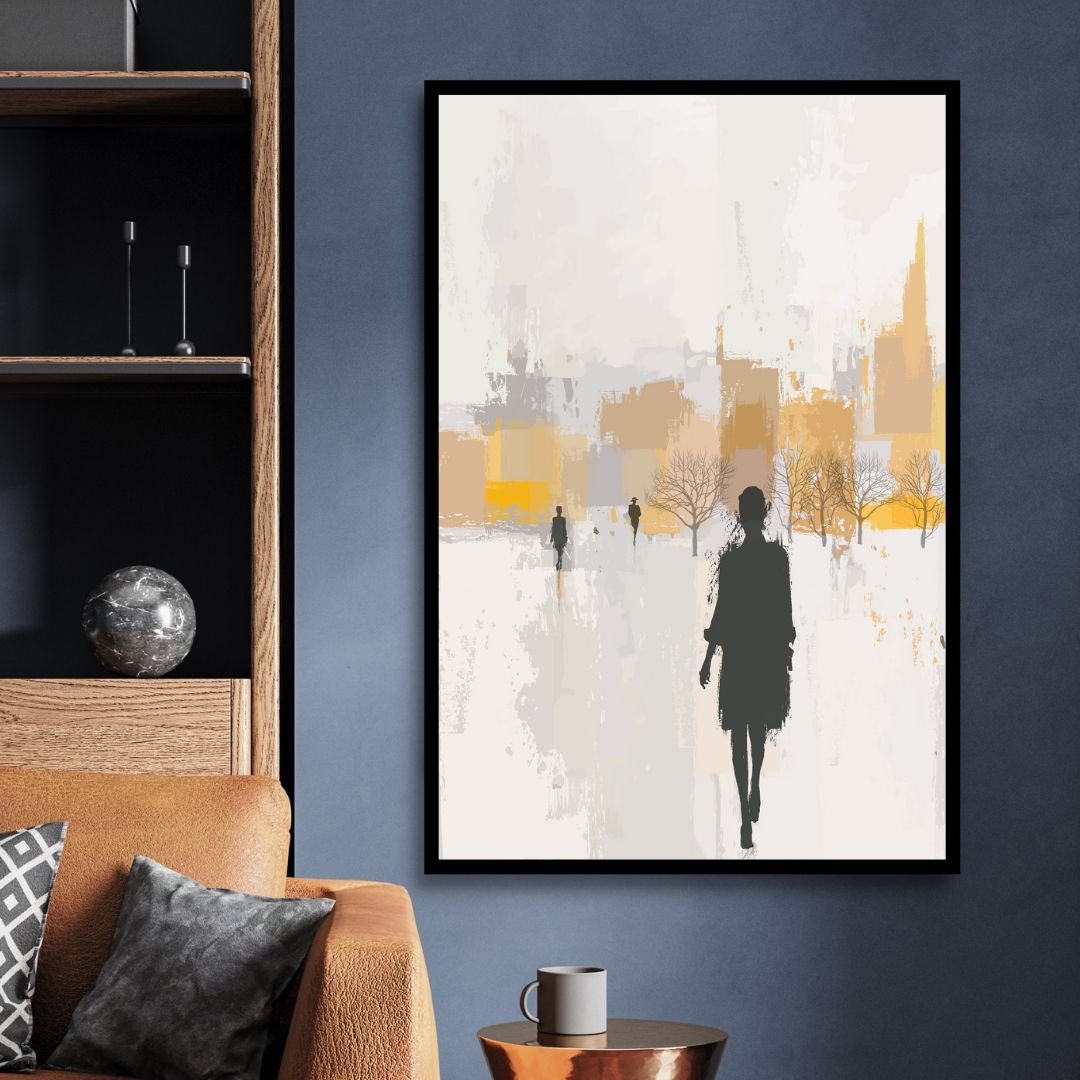 Abstract Oil Painting of Figures Walking in Rainy Urban Landscape
