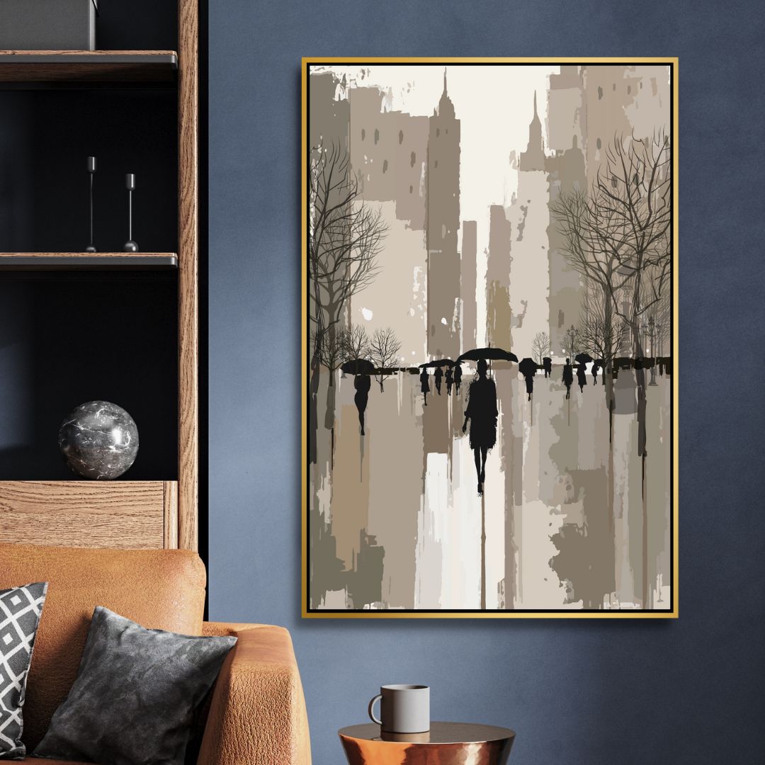 Abstract Oil Painting of Figures Walking in Rainy Urban Landscape