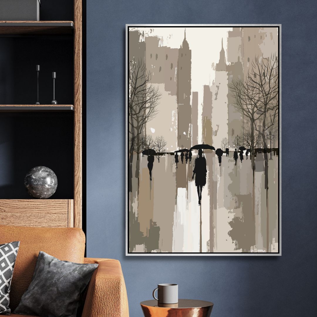 Abstract Oil Painting of Figures Walking in Rainy Urban Landscape