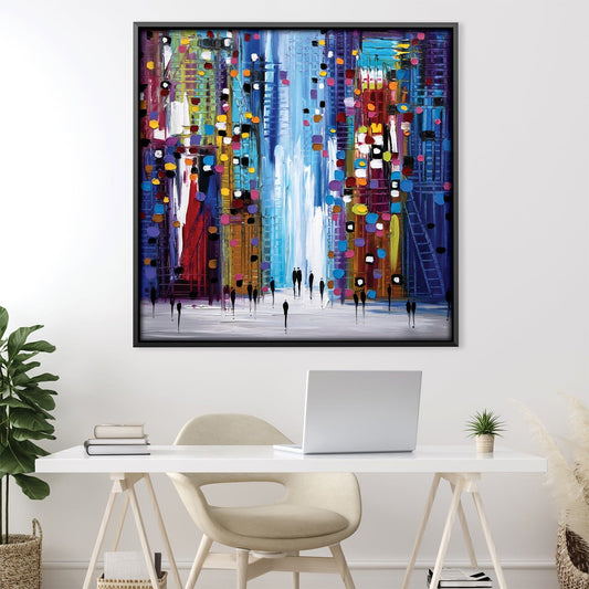 Vibrant City Night Scene Oil Painting - Urban Abstract Landscape Art