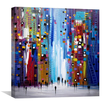 Vibrant City Night Scene Oil Painting - Urban Abstract Landscape Art