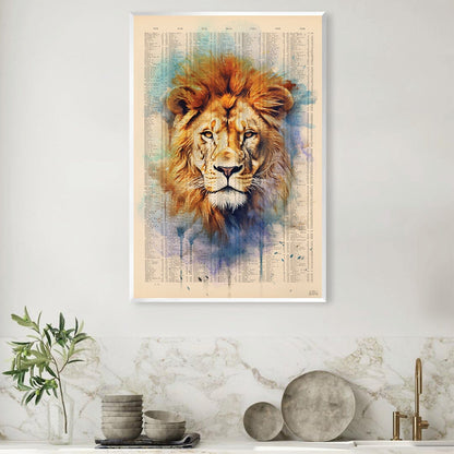 Majestic Lion Portrait Oil Painting with Abstract Watercolor Background