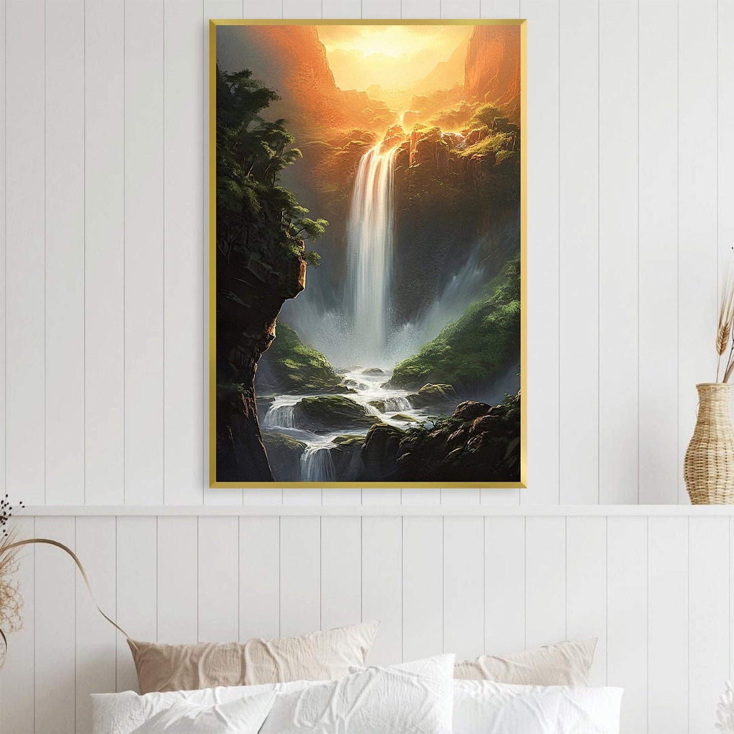 Serene Waterfall Oil Painting with Sunlit Landscape Art for Home Decor