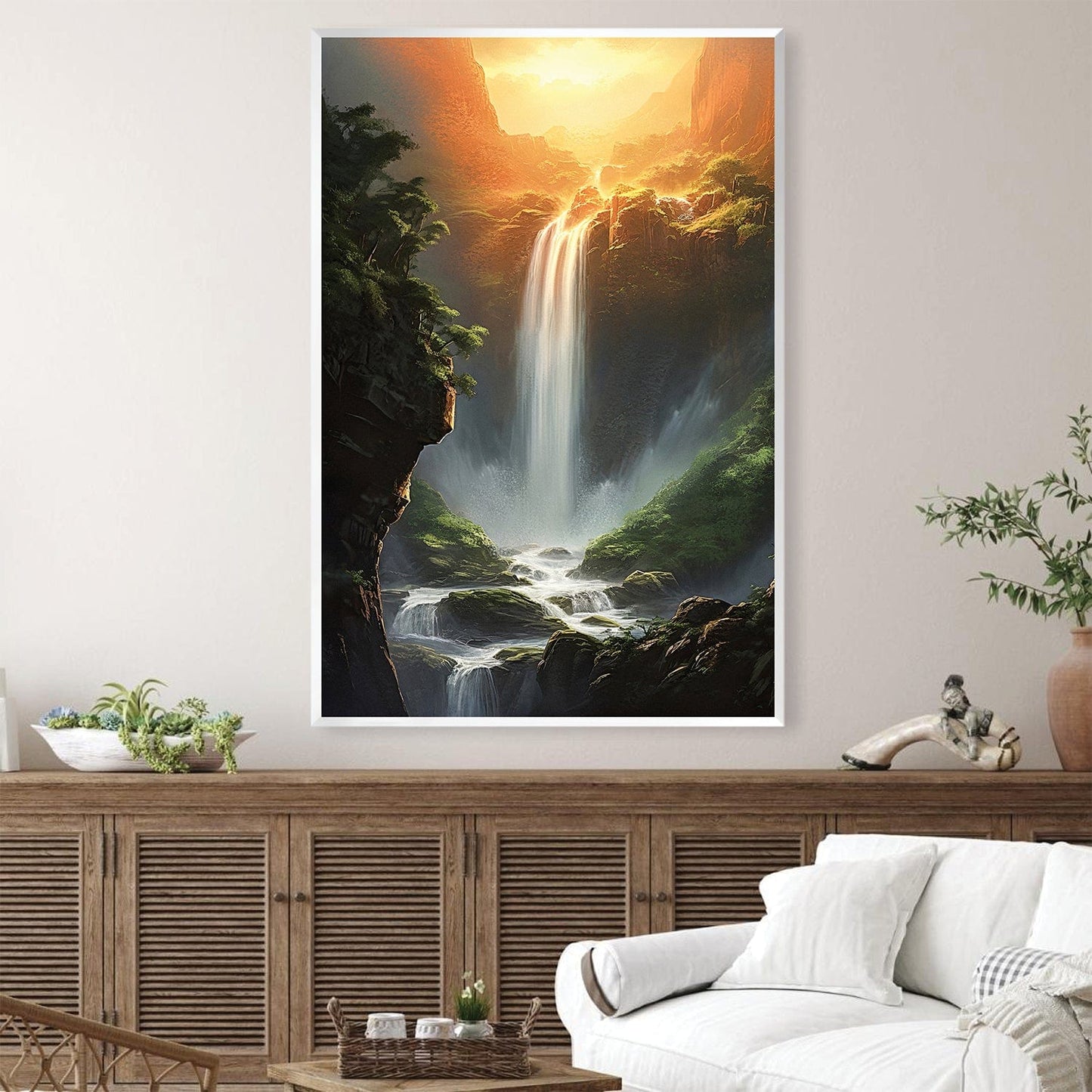 Serene Waterfall Oil Painting with Sunlit Landscape Art for Home Decor