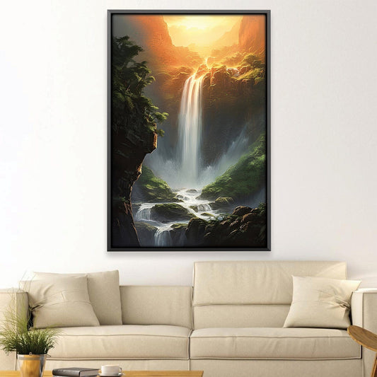 Serene Waterfall Oil Painting with Sunlit Landscape Art for Home Decor