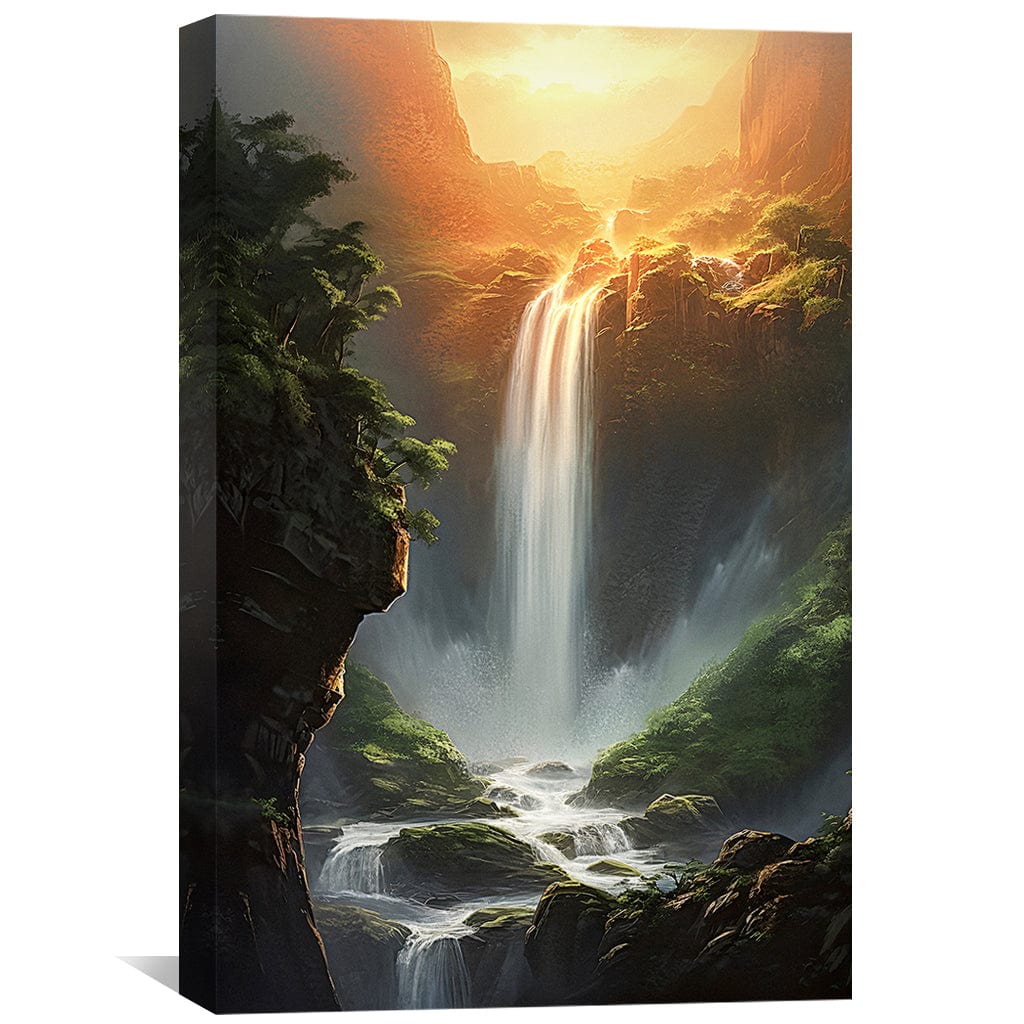 Serene Waterfall Oil Painting with Sunlit Landscape Art for Home Decor