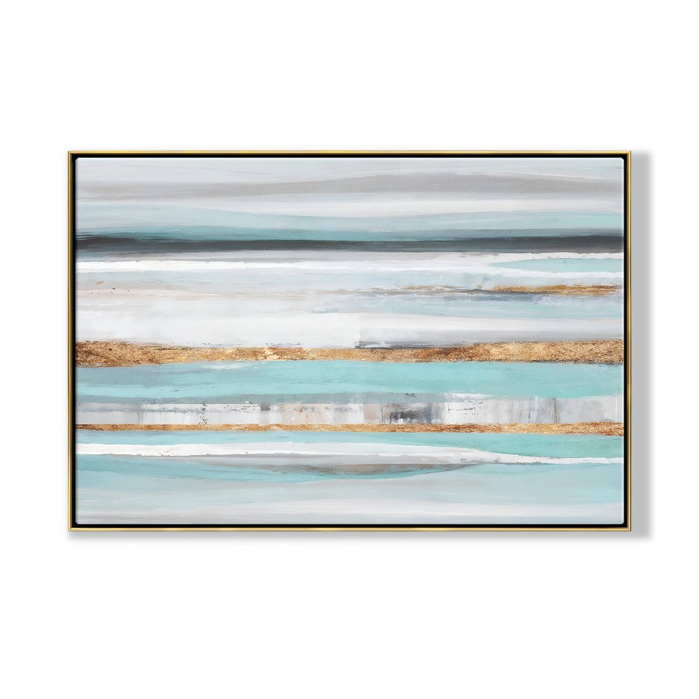 Serene Coastal Waves: Abstract Blue and Gold Oil Painting for Elegant Home Decor