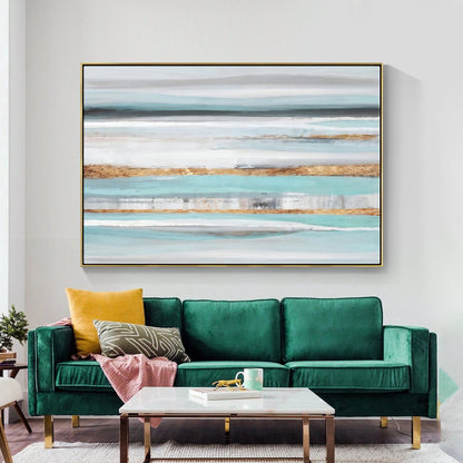 Serene Coastal Waves: Abstract Blue and Gold Oil Painting for Elegant Home Decor