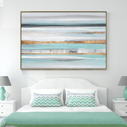 Serene Coastal Waves: Abstract Blue and Gold Oil Painting for Elegant Home Decor