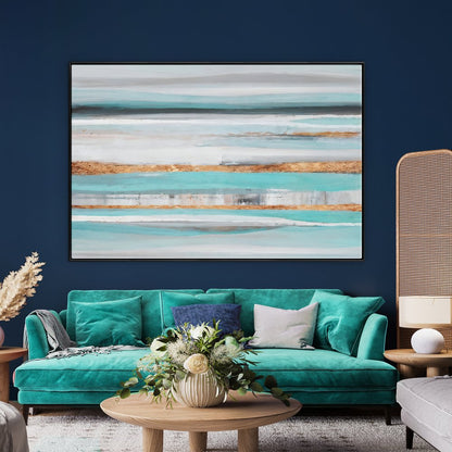 Serene Coastal Waves: Abstract Blue and Gold Oil Painting for Elegant Home Decor