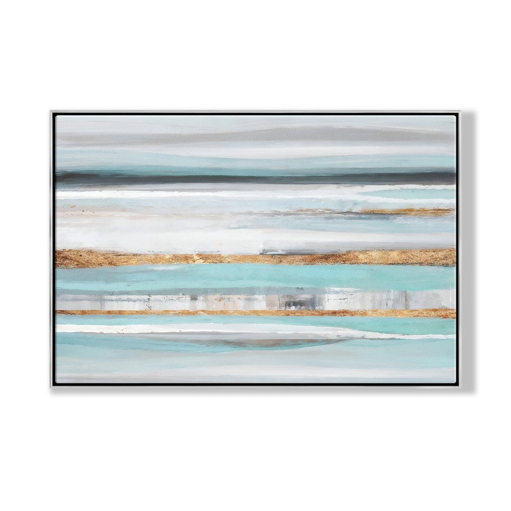 Serene Coastal Waves: Abstract Blue and Gold Oil Painting for Elegant Home Decor