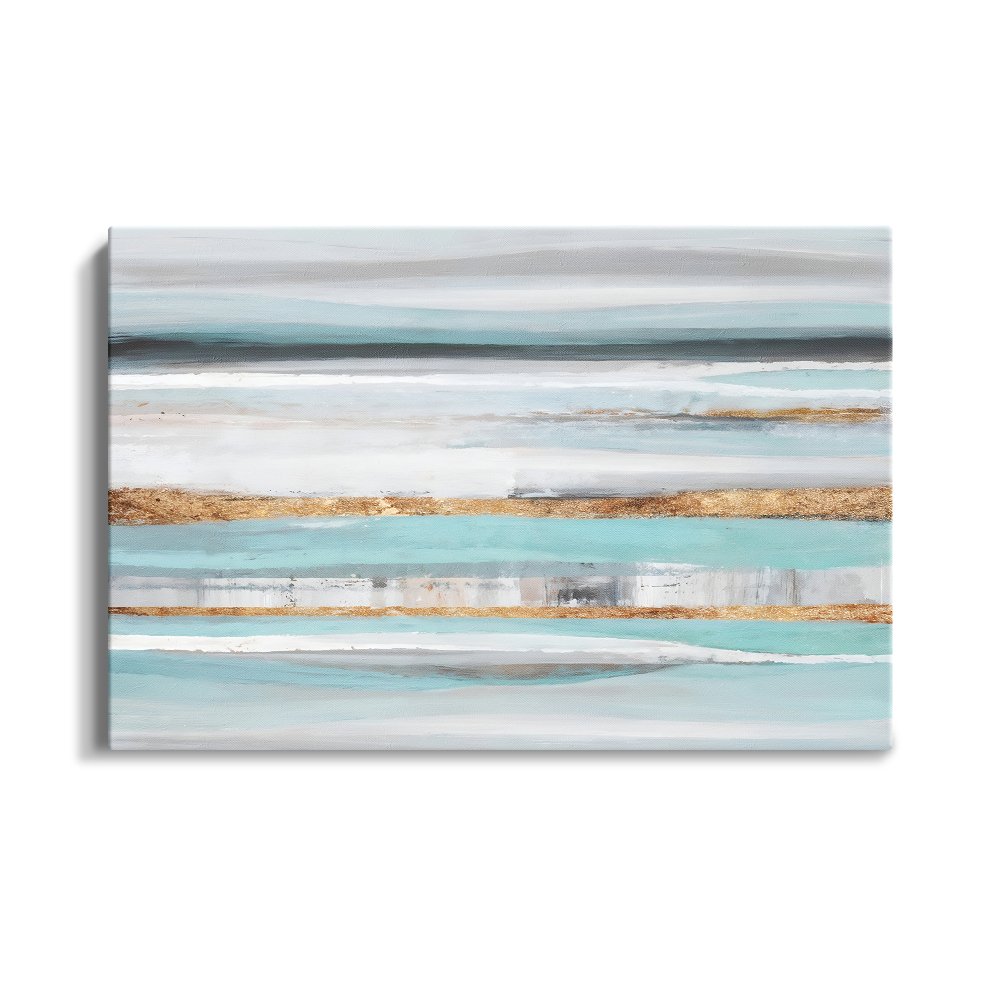 Serene Coastal Waves: Abstract Blue and Gold Oil Painting for Elegant Home Decor