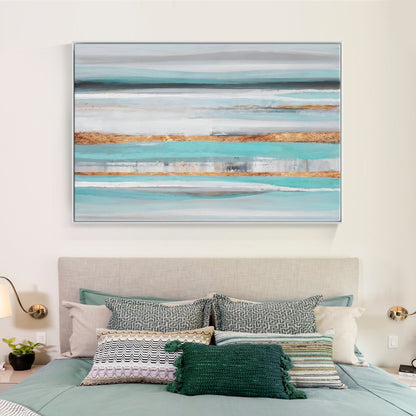Serene Coastal Waves: Abstract Blue and Gold Oil Painting for Elegant Home Decor