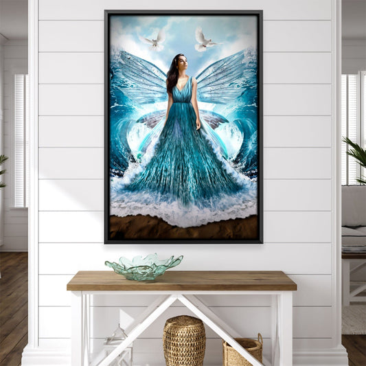 Serene Waves: Elegant Woman in Flowing Dress Amidst Ocean Beauty