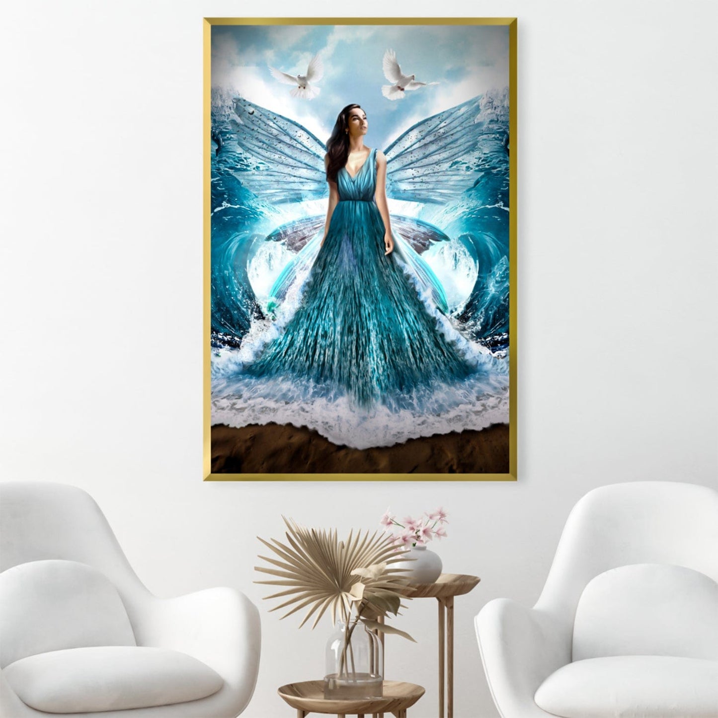 Serene Waves: Elegant Woman in Flowing Dress Amidst Ocean Beauty
