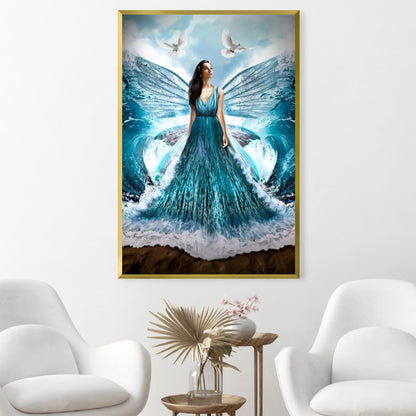 Serene Waves: Elegant Woman in Flowing Dress Amidst Ocean Beauty