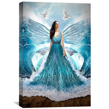 Serene Waves: Elegant Woman in Flowing Dress Amidst Ocean Beauty