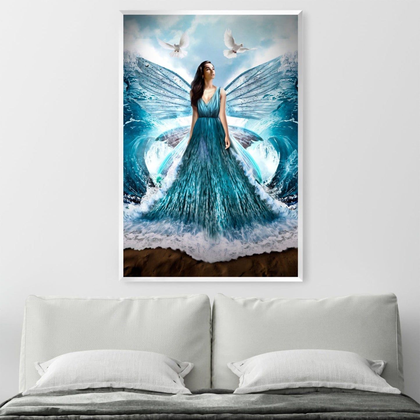 Serene Waves: Elegant Woman in Flowing Dress Amidst Ocean Beauty