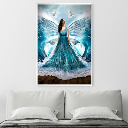 Serene Waves: Elegant Woman in Flowing Dress Amidst Ocean Beauty