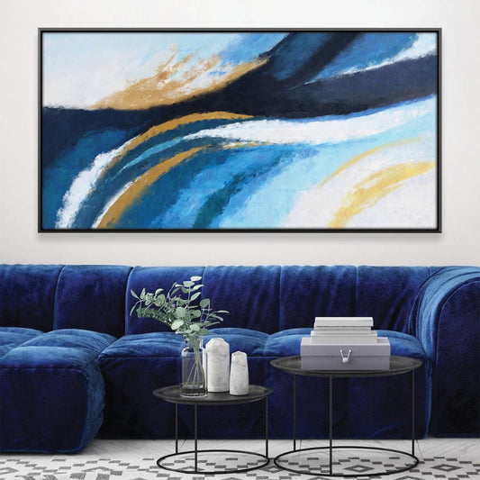 Abstract Blue and Gold Waves Oil Painting for Modern Home Decor