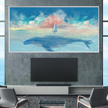Majestic Whale Art Print with Sailing Boat and Serene Blue Ocean Landscape
