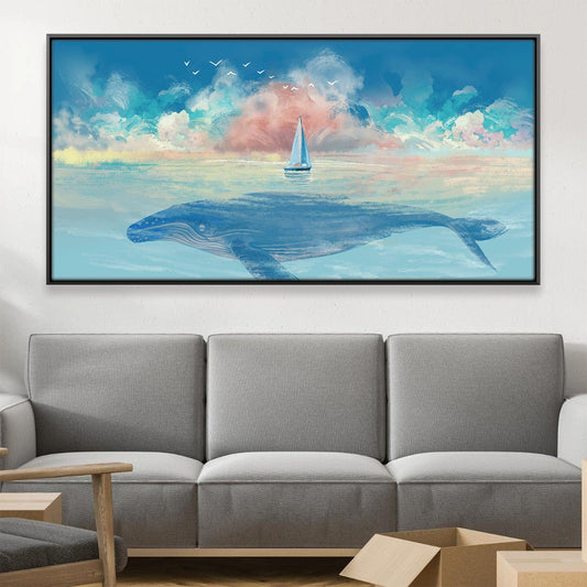Majestic Whale Art Print with Sailing Boat and Serene Blue Ocean Landscape