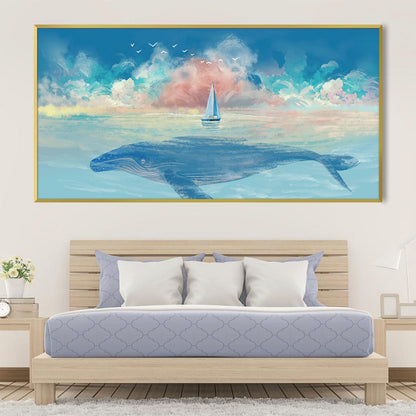 Majestic Whale Art Print with Sailing Boat and Serene Blue Ocean Landscape