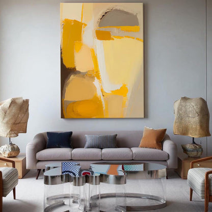 Vibrant Abstract Oil Painting in Yellow and Neutral Tones for Modern Decor