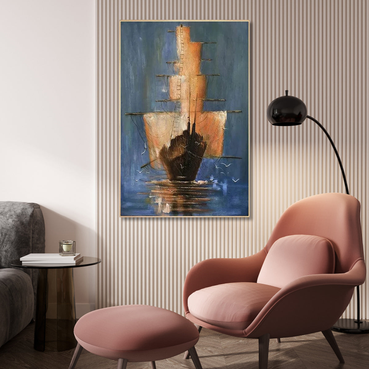 Serene Seascape: Captivating Oil Painting of an Elegant Ship in Tranquil Waters
